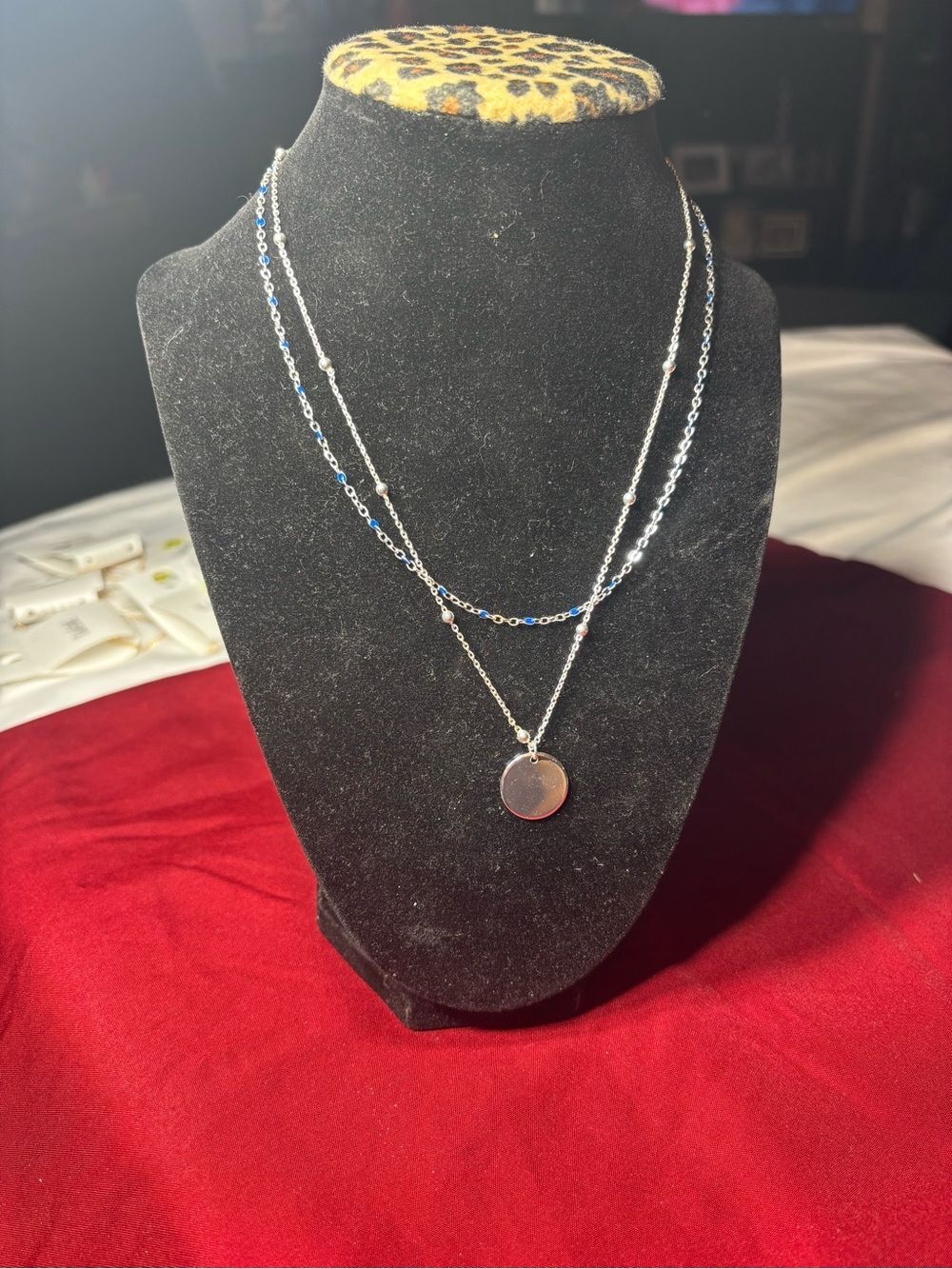 New Silver Layered Disc Necklace with Blue Accents - Women Jewelry
